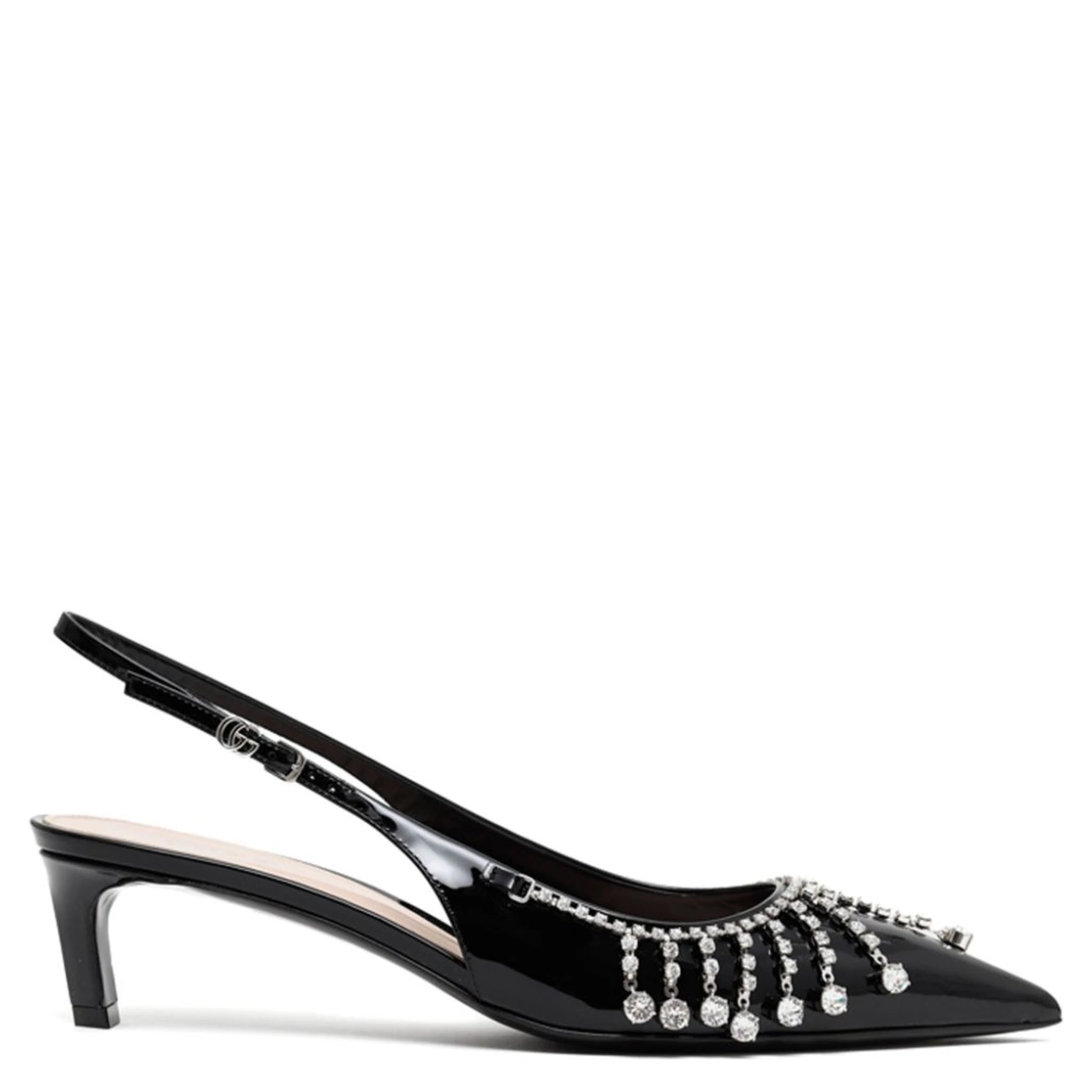 Patent Leather Pump With Crystal Chain In Black