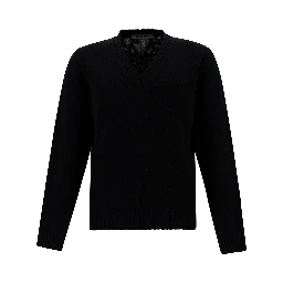 Black Sweater with V Neck and Ribbed Trims in Wool and Cashmere Man