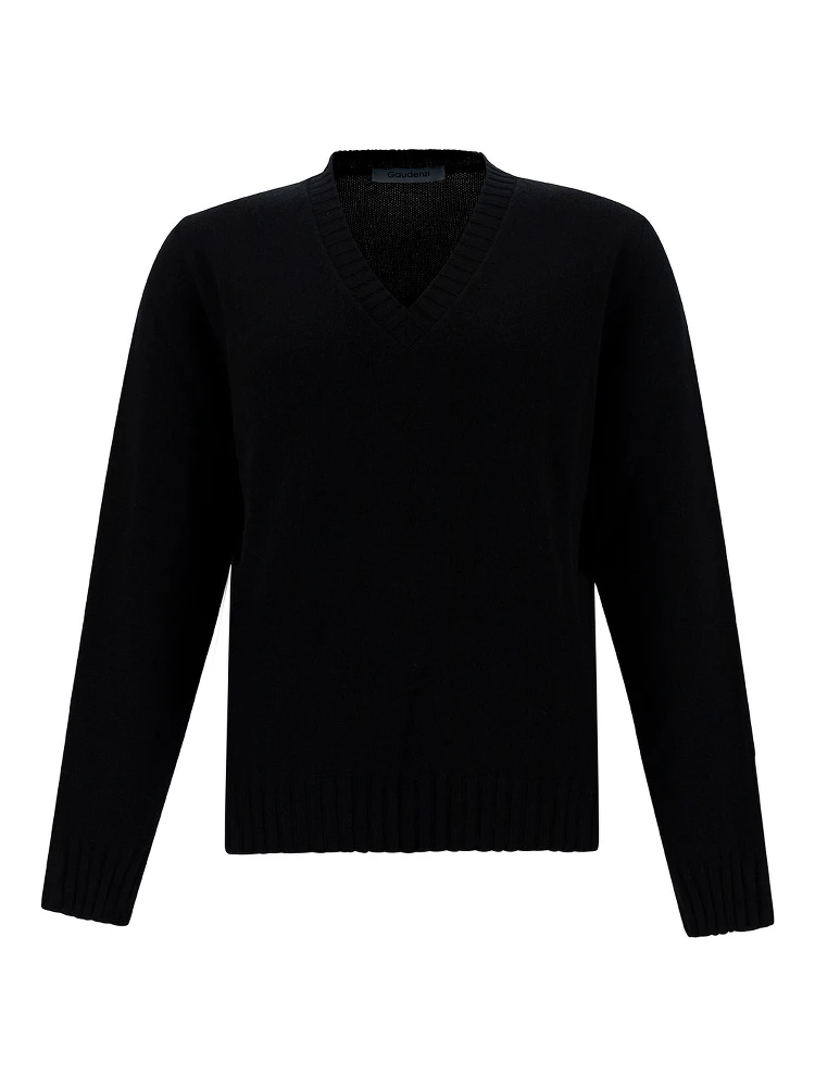 Black Sweater with V Neck and Ribbed Trims in Wool and Cashmere Man