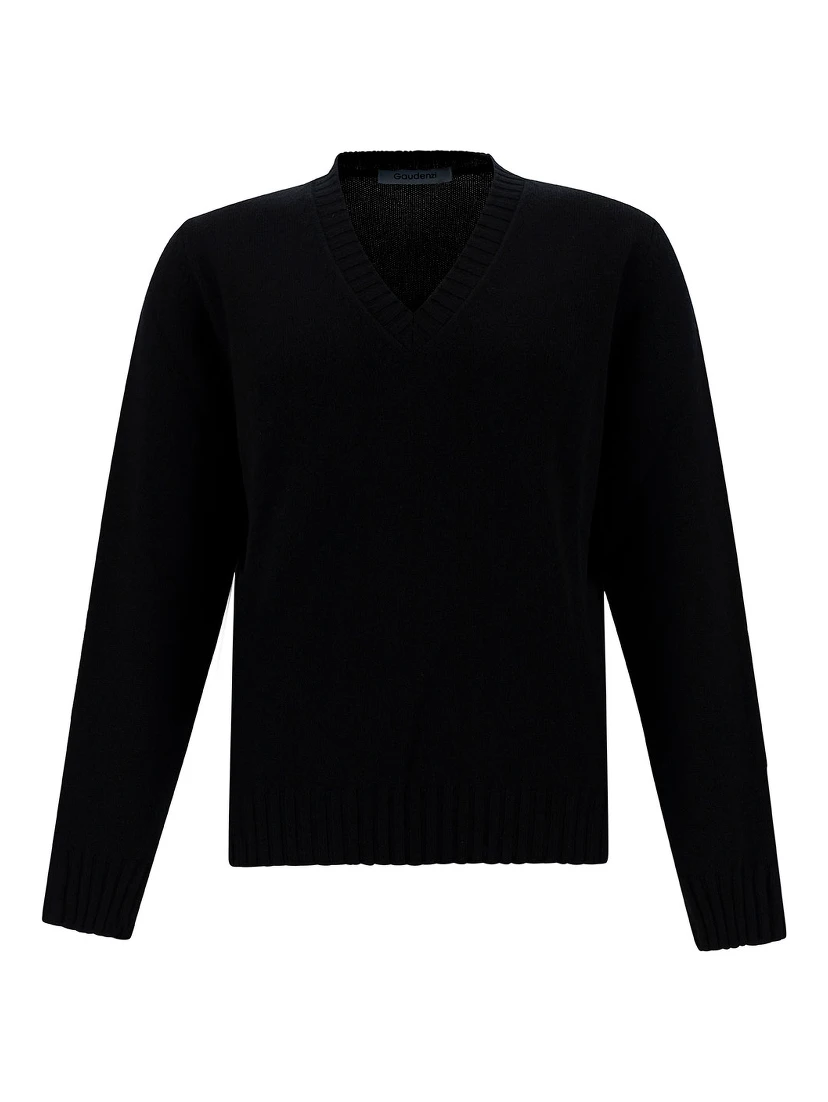 Black Sweater with V Neck and Ribbed Trims in Wool and Cashmere Man