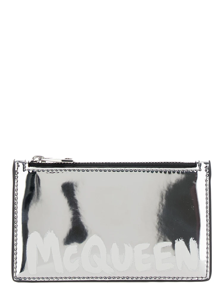 Silver Card-Holder with McQueen Graffiti Logo in Laminated Leather Man