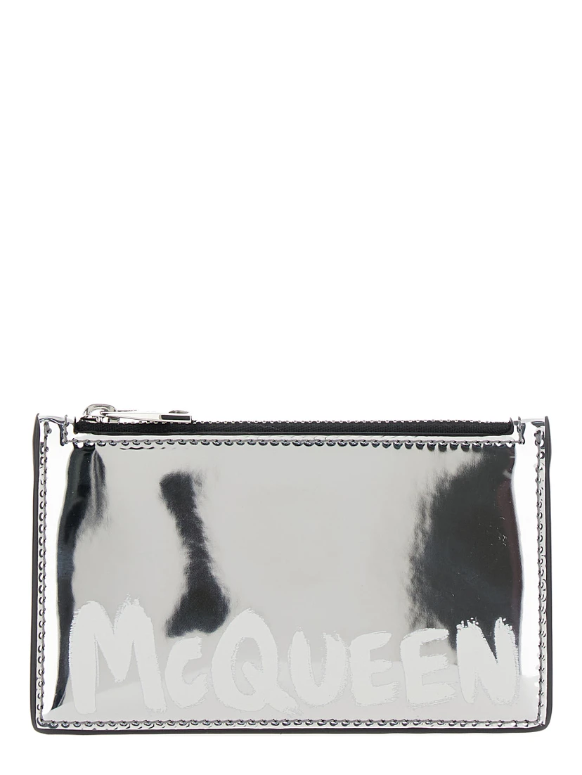 Silver Card-Holder with McQueen Graffiti Logo in Laminated Leather Man