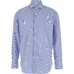 Blue Shirt with Classic Collar and All-Over Striped Motif in Cotton Man