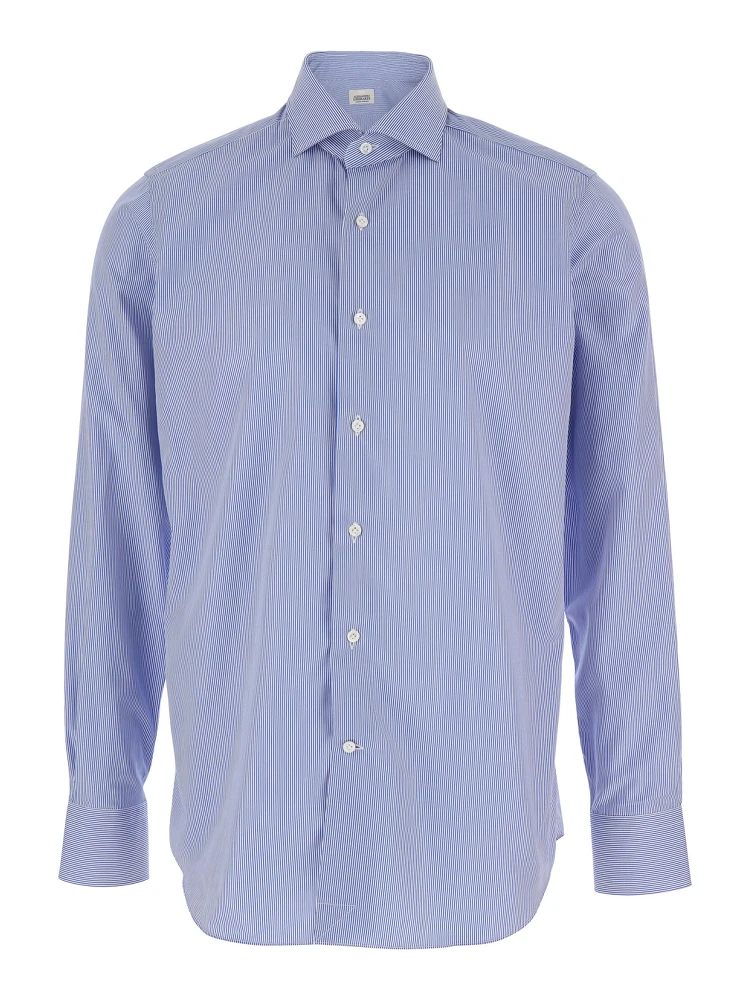 Blue Shirt with Classic Collar and All-Over Striped Motif in Cotton Man