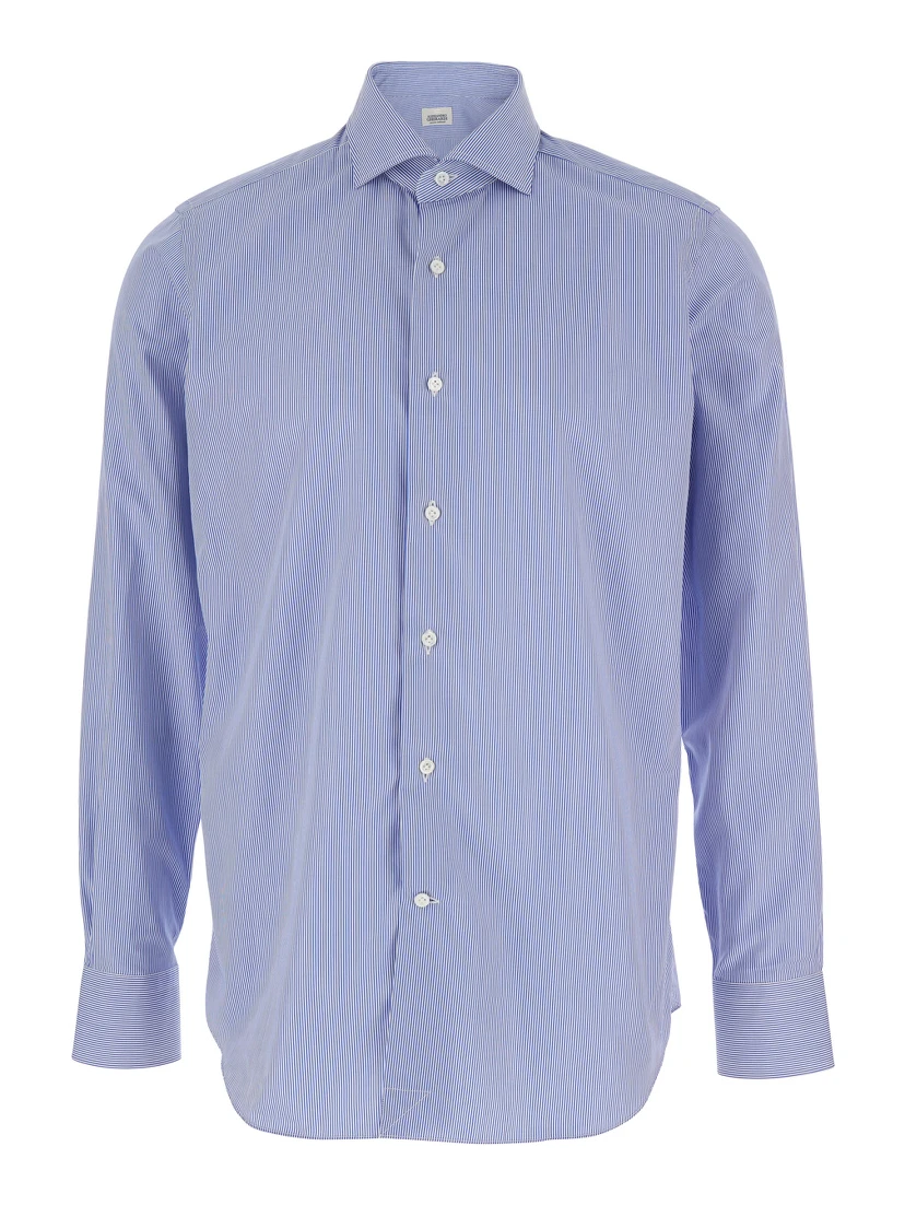 Blue Shirt with Classic Collar and All-Over Striped Motif in Cotton Man