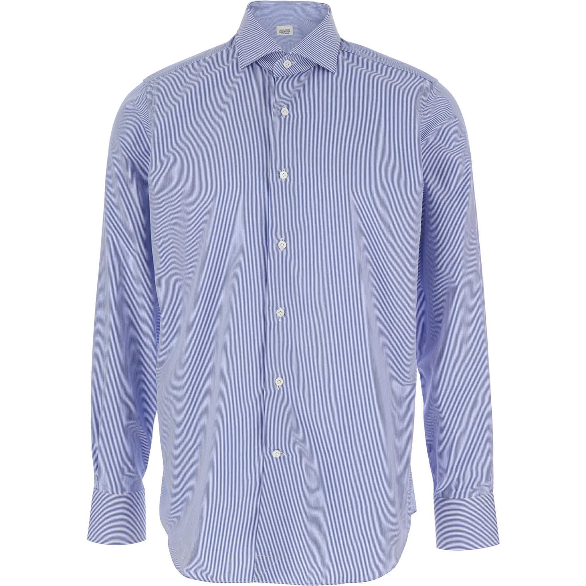 Blue Shirt with Classic Collar and All-Over Striped Motif in Cotton Man