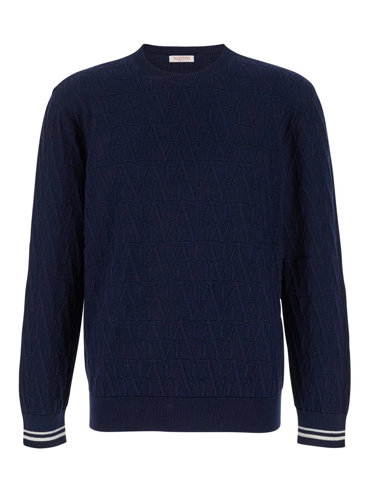 Blue Crewneck Sweater in Jacquard Toile Iconographique Man