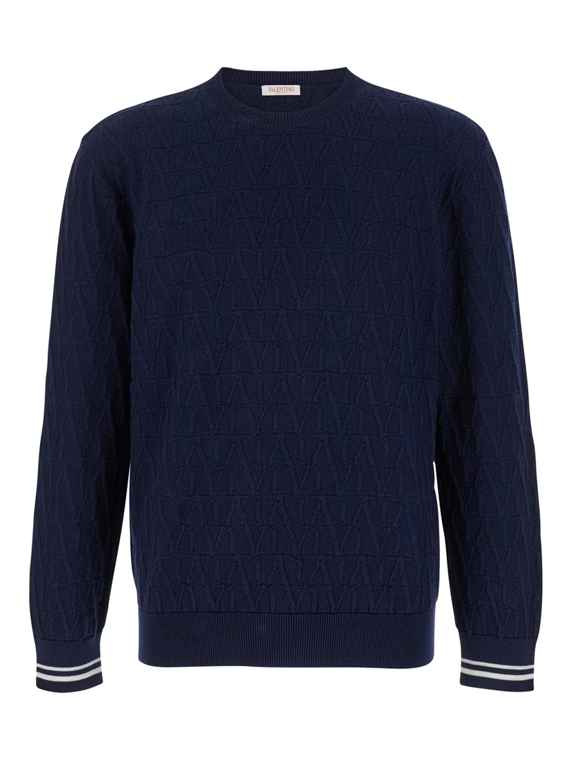 Blue Crewneck Sweater in Jacquard Toile Iconographique Man