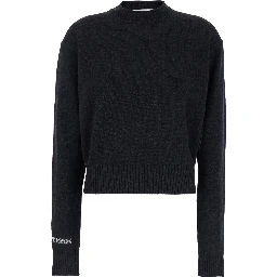 Agadir Black Crewneck Sweater with Logo Lettering on the Sleeve in Wool and Cashmere Woman