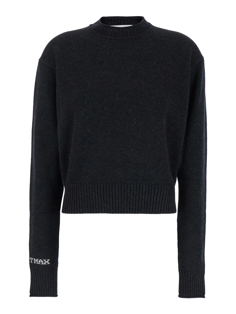 Agadir Black Crewneck Sweater with Logo Lettering on the Sleeve in Wool and Cashmere Woman