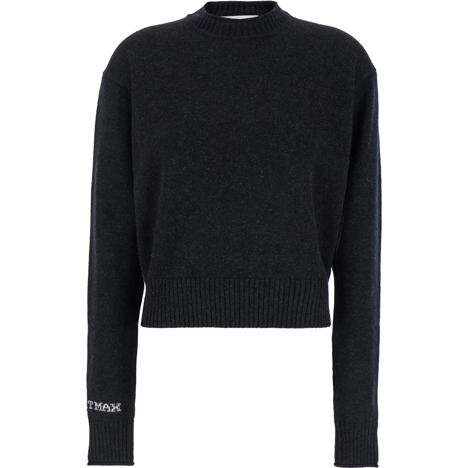 Agadir Black Crewneck Sweater with Logo Lettering on the Sleeve in Wool and Cashmere Woman