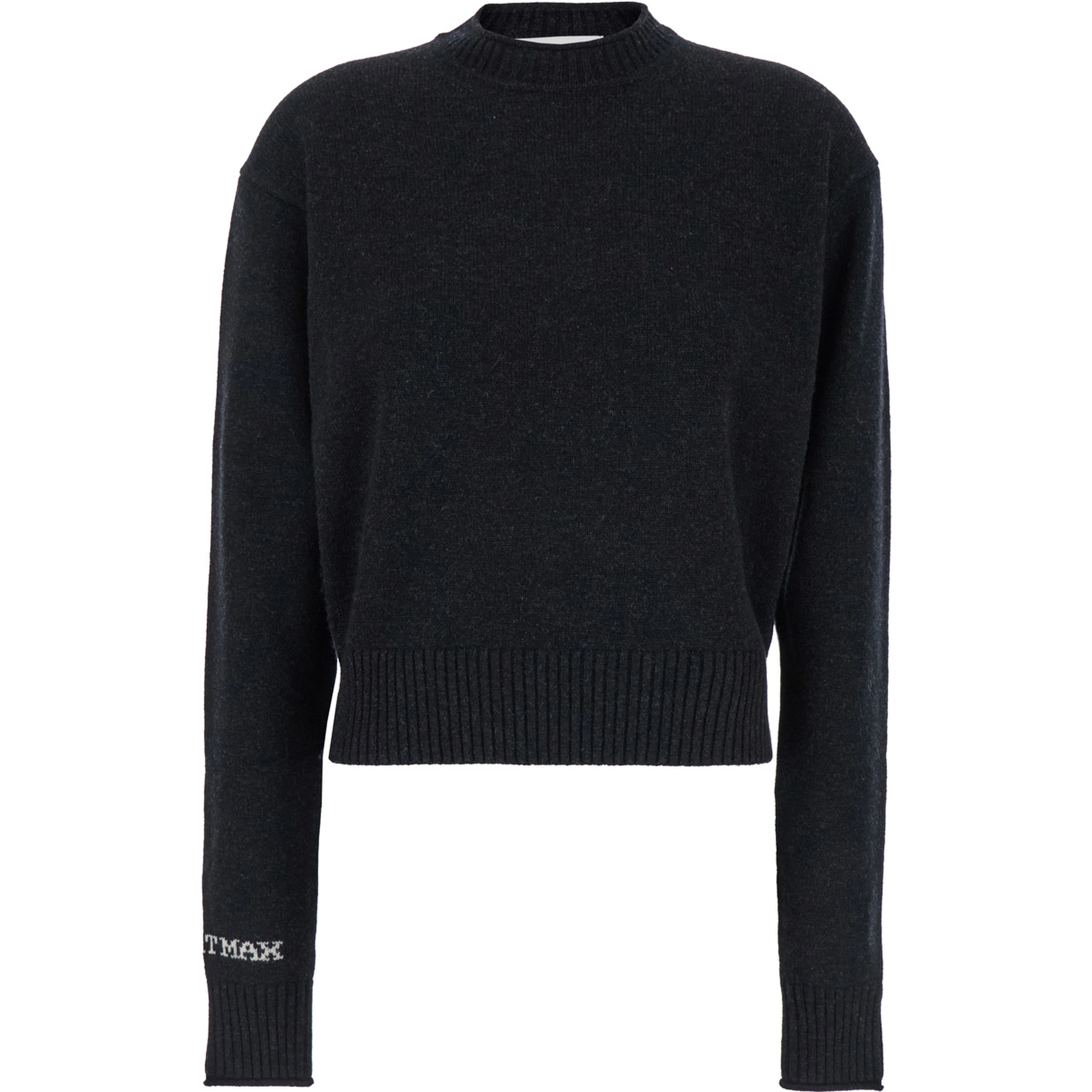 Agadir Black Crewneck Sweater with Logo Lettering on the Sleeve in Wool and Cashmere Woman