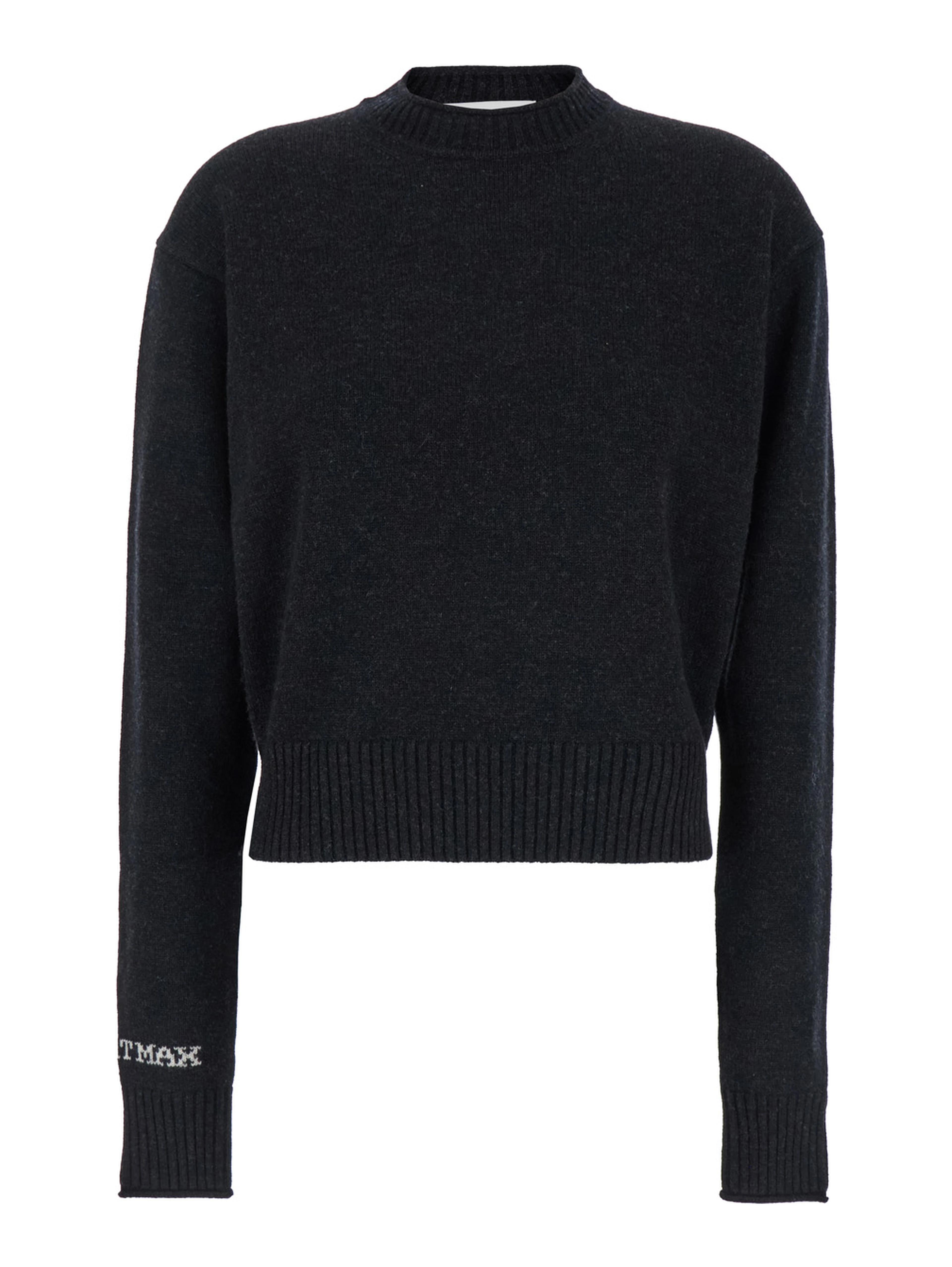 Agadir Black Crewneck Sweater with Logo Lettering on the Sleeve in Wool and Cashmere Woman