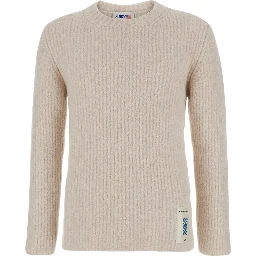 Beige Crewneck Sweater with Logo Patch in Fabric Man