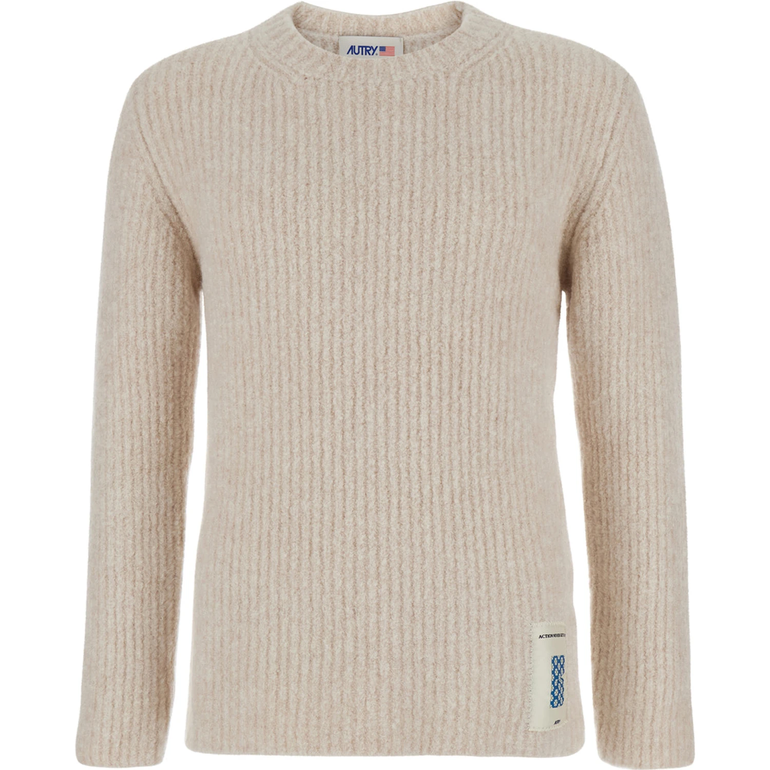 Beige Crewneck Sweater with Logo Patch in Fabric Man