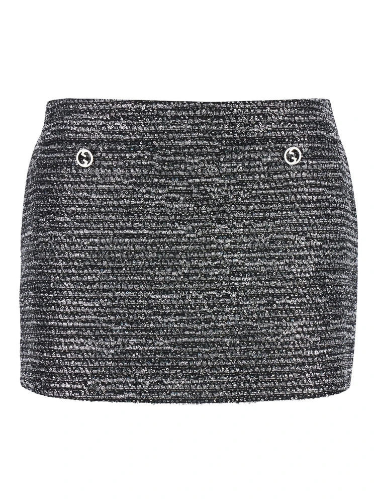 Black Sequin Miniskirt in Wool Woman