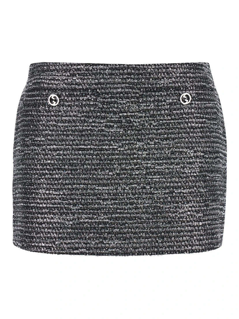 Black Sequin Miniskirt in Wool Woman