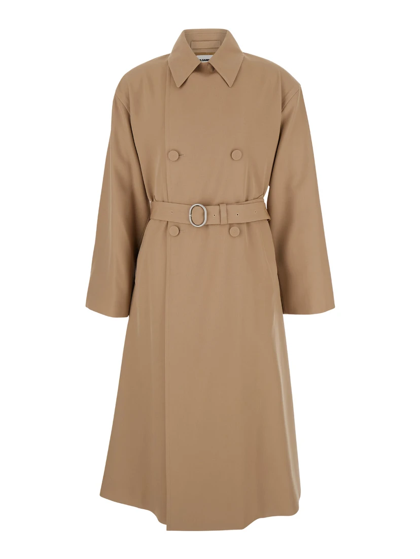 Beige Double Breasted Trench with Belt in Wool Man