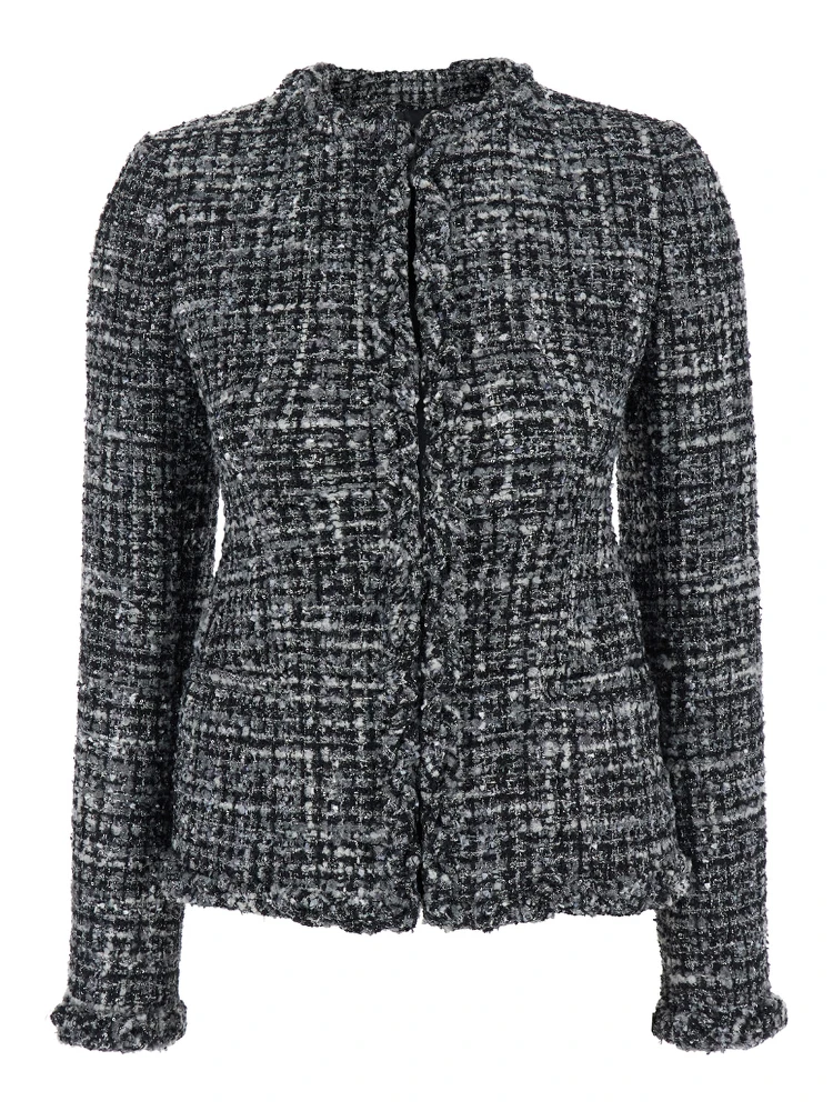 Black and White Jacket with Concealed Closure in Tweed Woman
