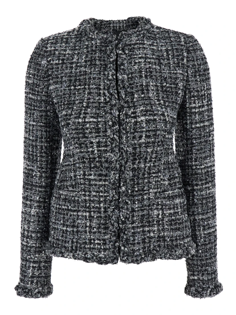Black and White Jacket with Concealed Closure in Tweed Woman