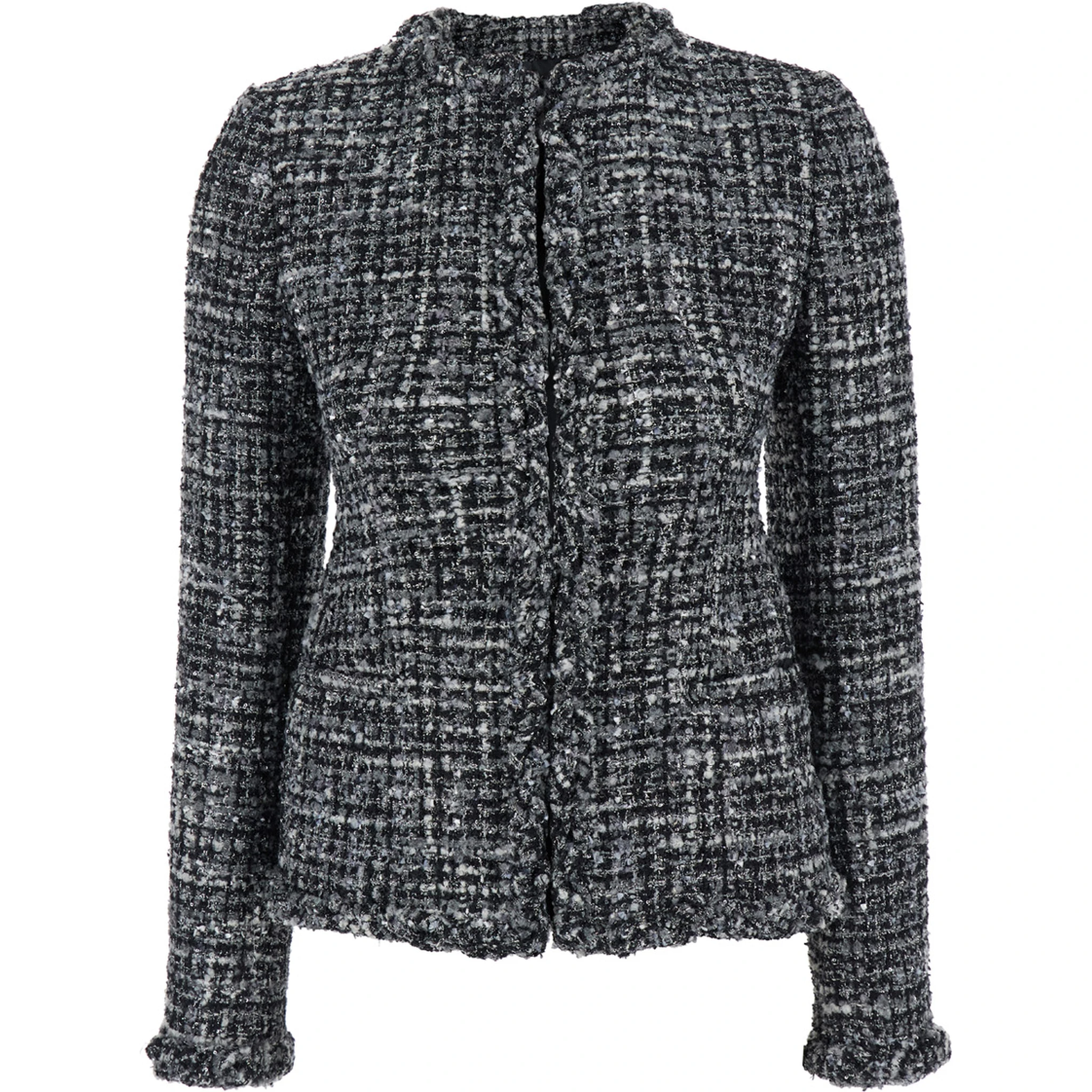 Black and White Jacket with Concealed Closure in Tweed Woman