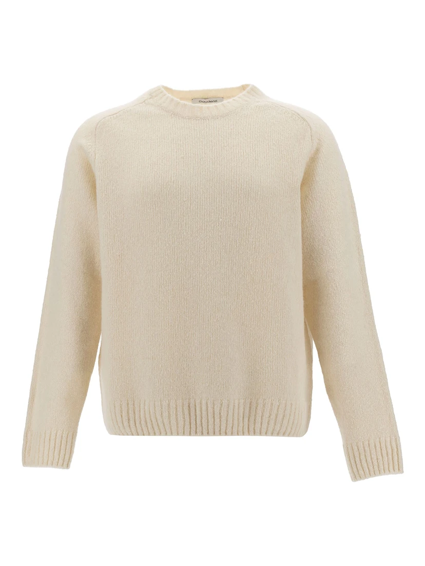 White Crewneck Sweater with Ribbed Trims in Alpaca and Wool Man