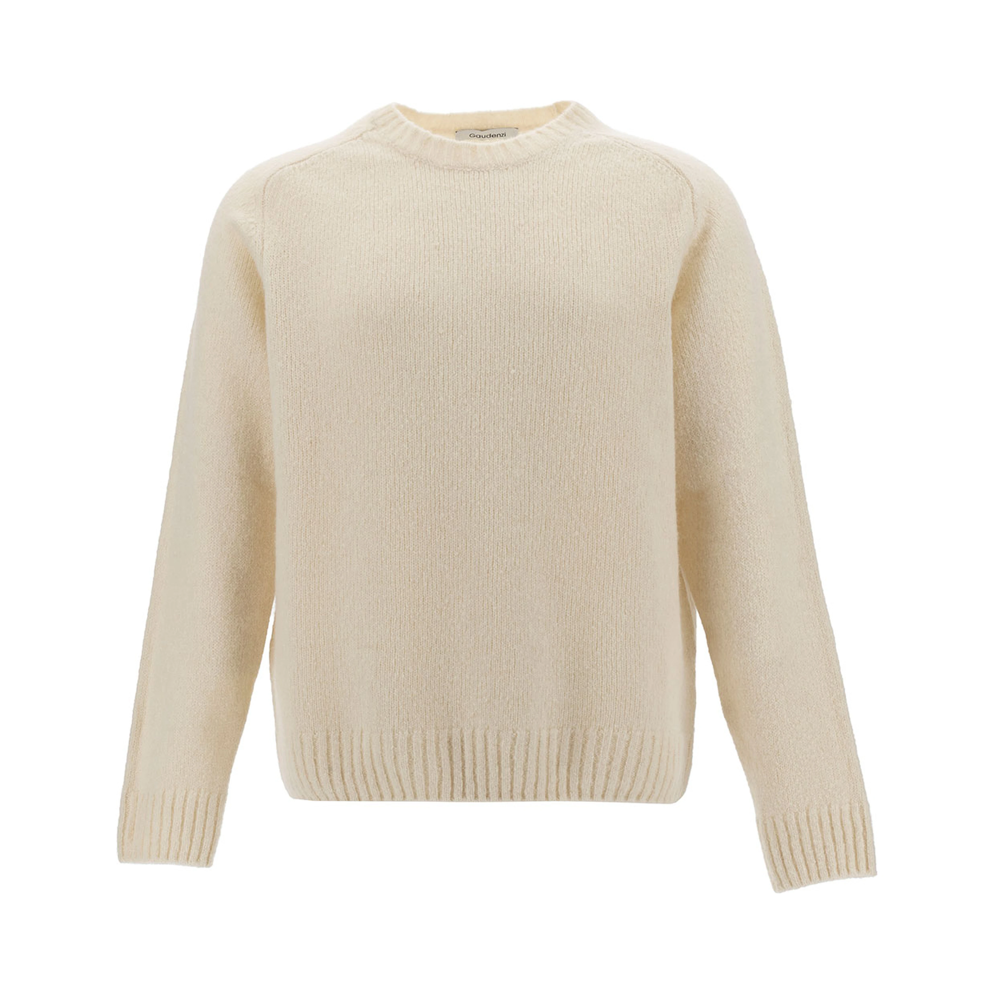 White Crewneck Sweater with Ribbed Trims in Alpaca and Wool Man