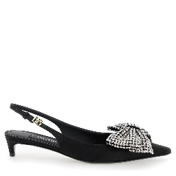 Black Slingback Pumps with Rhinestone Bow Detail in Silk Blend Woman