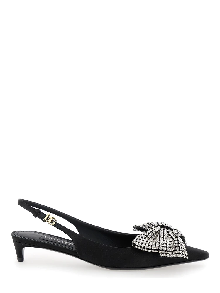 Black Slingback Pumps with Rhinestone Bow Detail in Silk Blend Woman