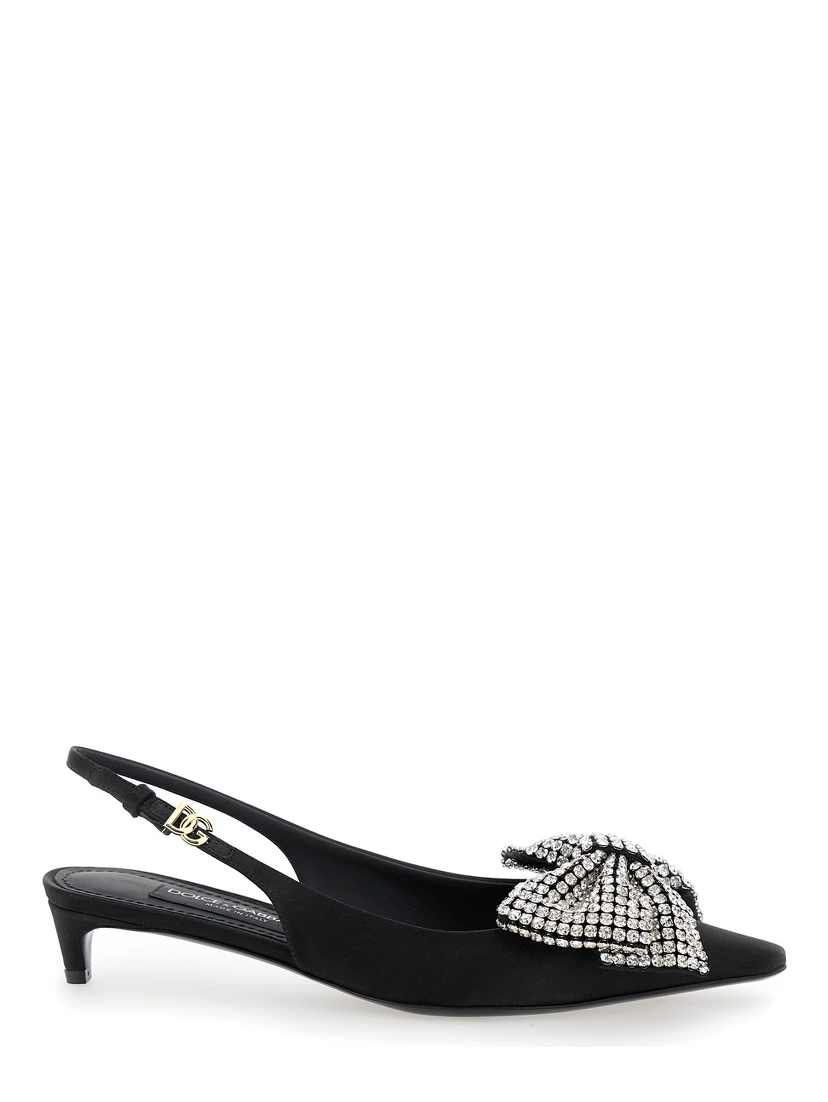 Black Slingback Pumps with Rhinestone Bow Detail in Silk Blend Woman