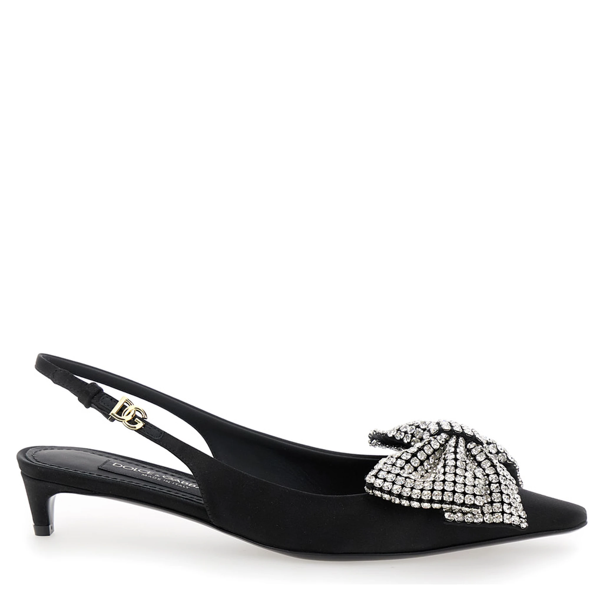 Black Slingback Pumps with Rhinestone Bow Detail in Silk Blend Woman