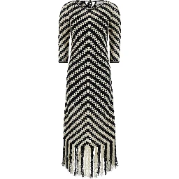 Midi Black and White Dress with Chevron Motif in Crochet Woman