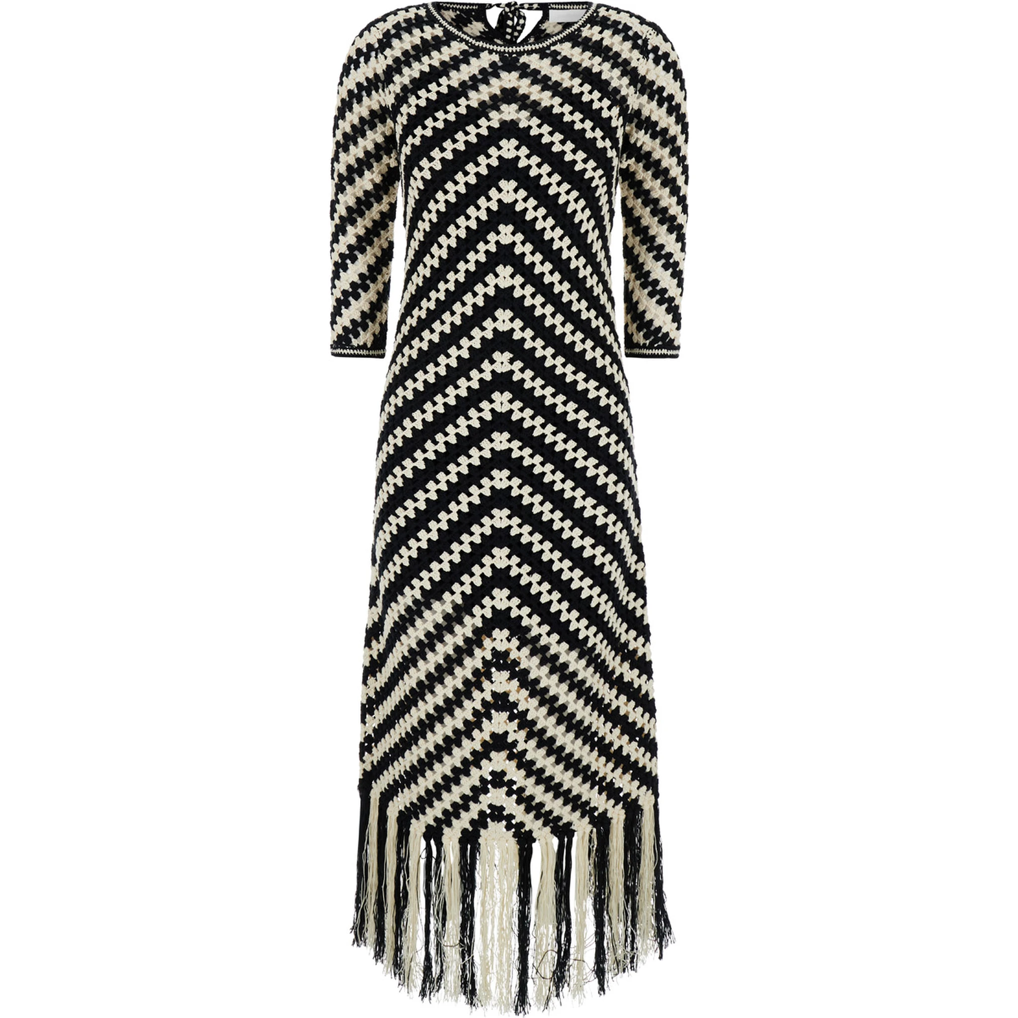 Midi Black and White Dress with Chevron Motif in Crochet Woman