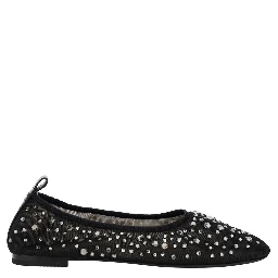 Black Ballet Flats with All-Over Crystals Application in Tech Fabric Woman