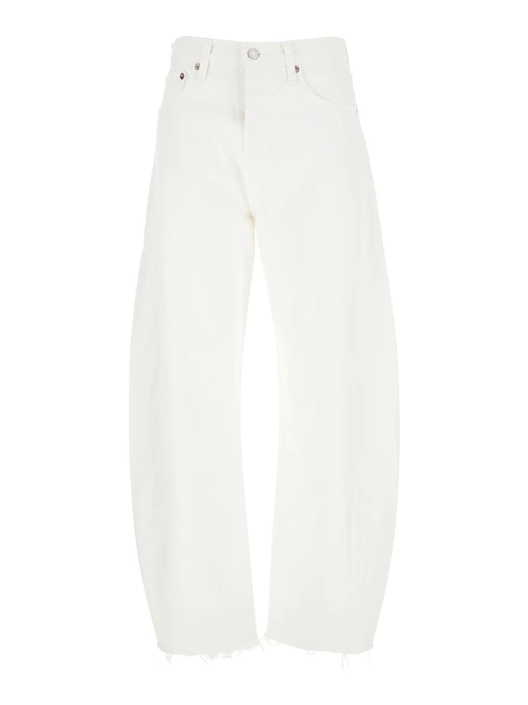 Luna White Jeans with Logo Patch on the Rear and Fringed Hem in Denim Woman