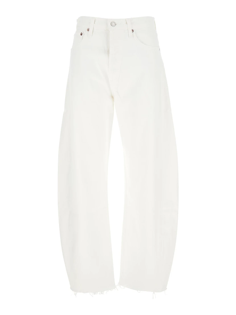 Luna White Jeans with Logo Patch on the Rear and Fringed Hem in Denim Woman