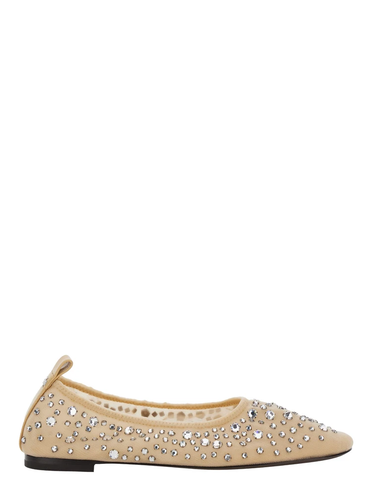 Beige Ballet Flats with All-Over Crystals Application in Tech Fabric Woman