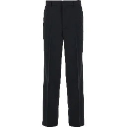 Black Straight Pants with Tonal Logo Lettering in Wool Man