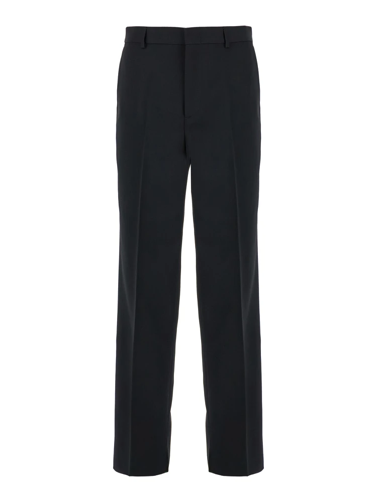 Black Straight Pants with Tonal Logo Lettering in Wool Man