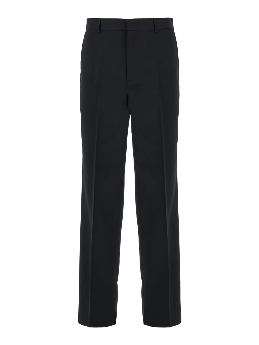 Black Straight Pants with Tonal Logo Lettering in Wool Man