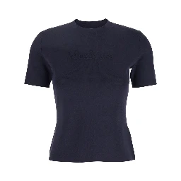 Blue Crewneck T-Shirt with Tonal Logo Lettering on the Front in Viscose Blend Woman