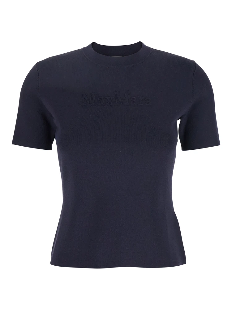 Blue Crewneck T-Shirt with Tonal Logo Lettering on the Front in Viscose Blend Woman