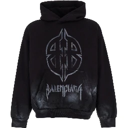 Black Hoodie with Metal BB Stencil Motif in Dirty Effect Cotton Man
