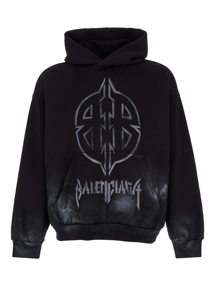 Black Hoodie with Metal BB Stencil Motif in Dirty Effect Cotton Man
