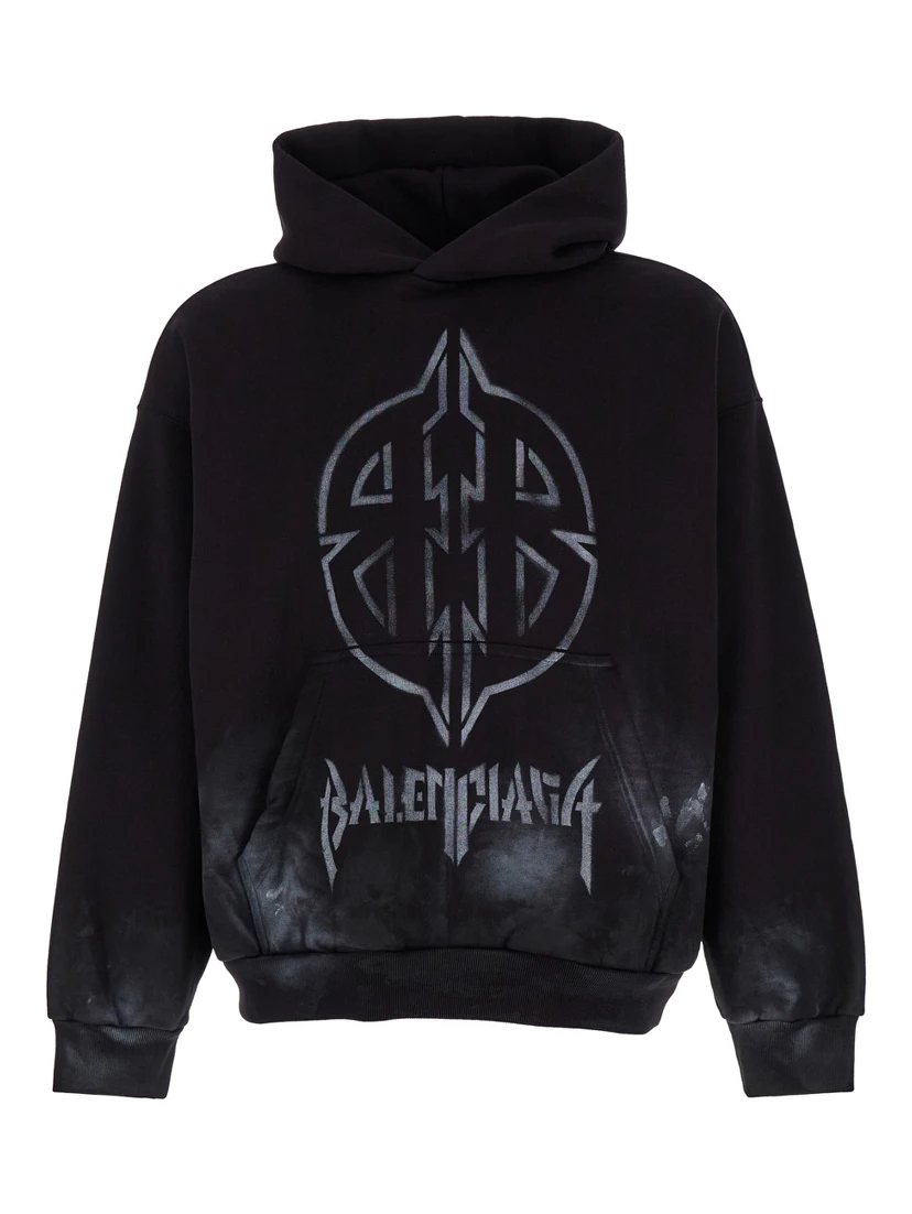 Black Hoodie with Metal BB Stencil Motif in Dirty Effect Cotton Man