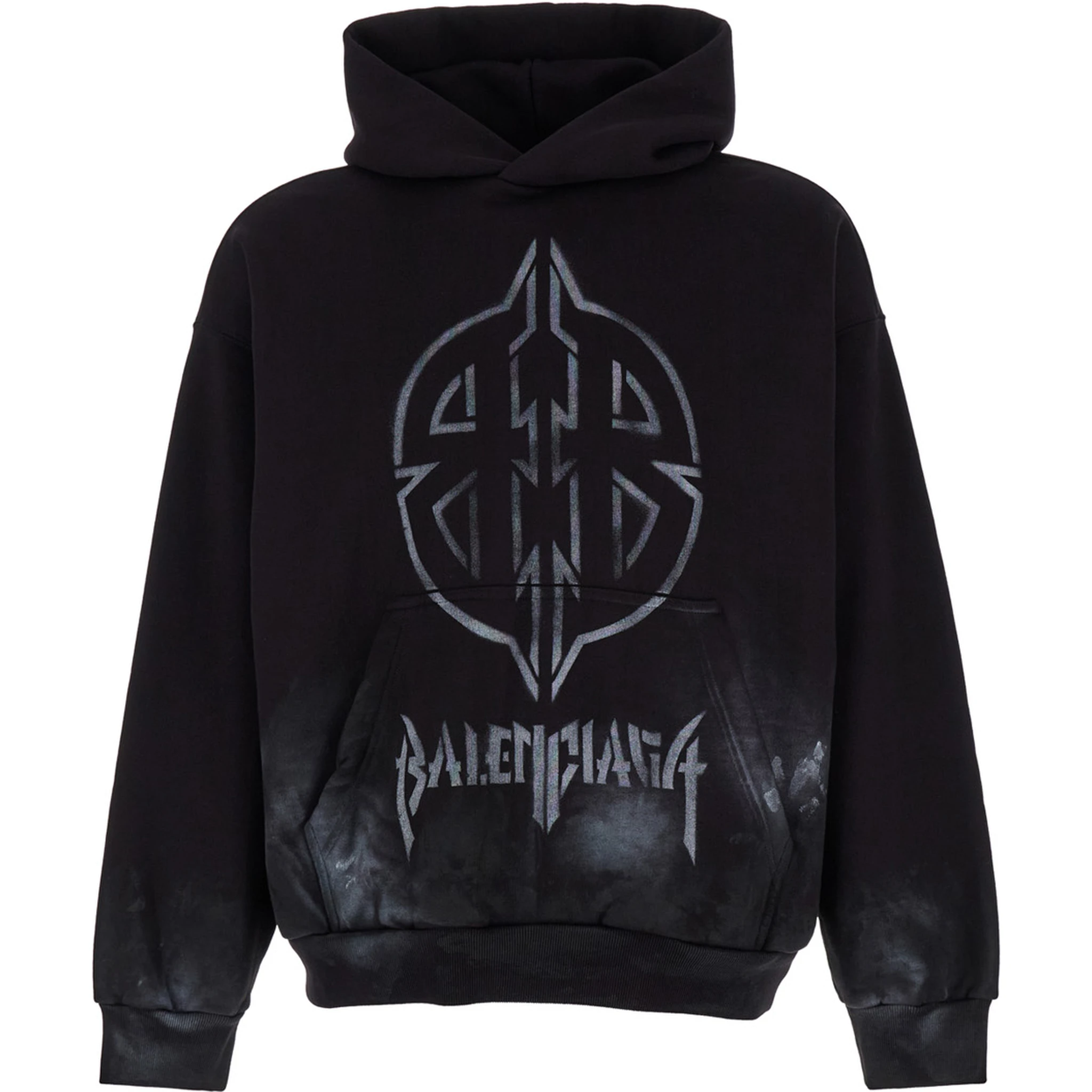 Black Hoodie with Metal BB Stencil Motif in Dirty Effect Cotton Man