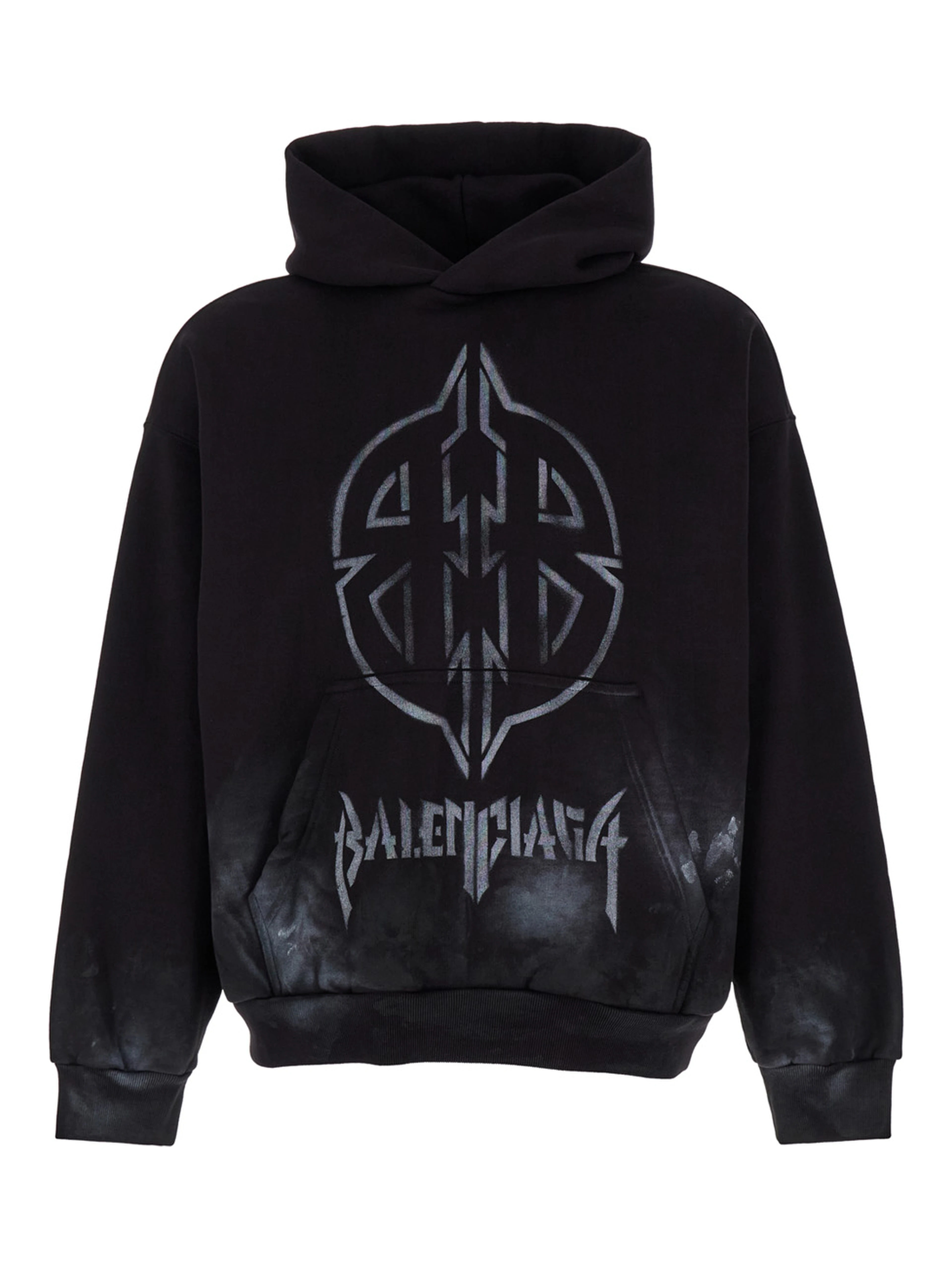 Black Hoodie with Metal BB Stencil Motif in Dirty Effect Cotton Man