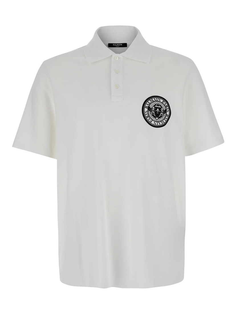 White Polo Shirt with Collar and Coin Print on the Front in Cotton Man