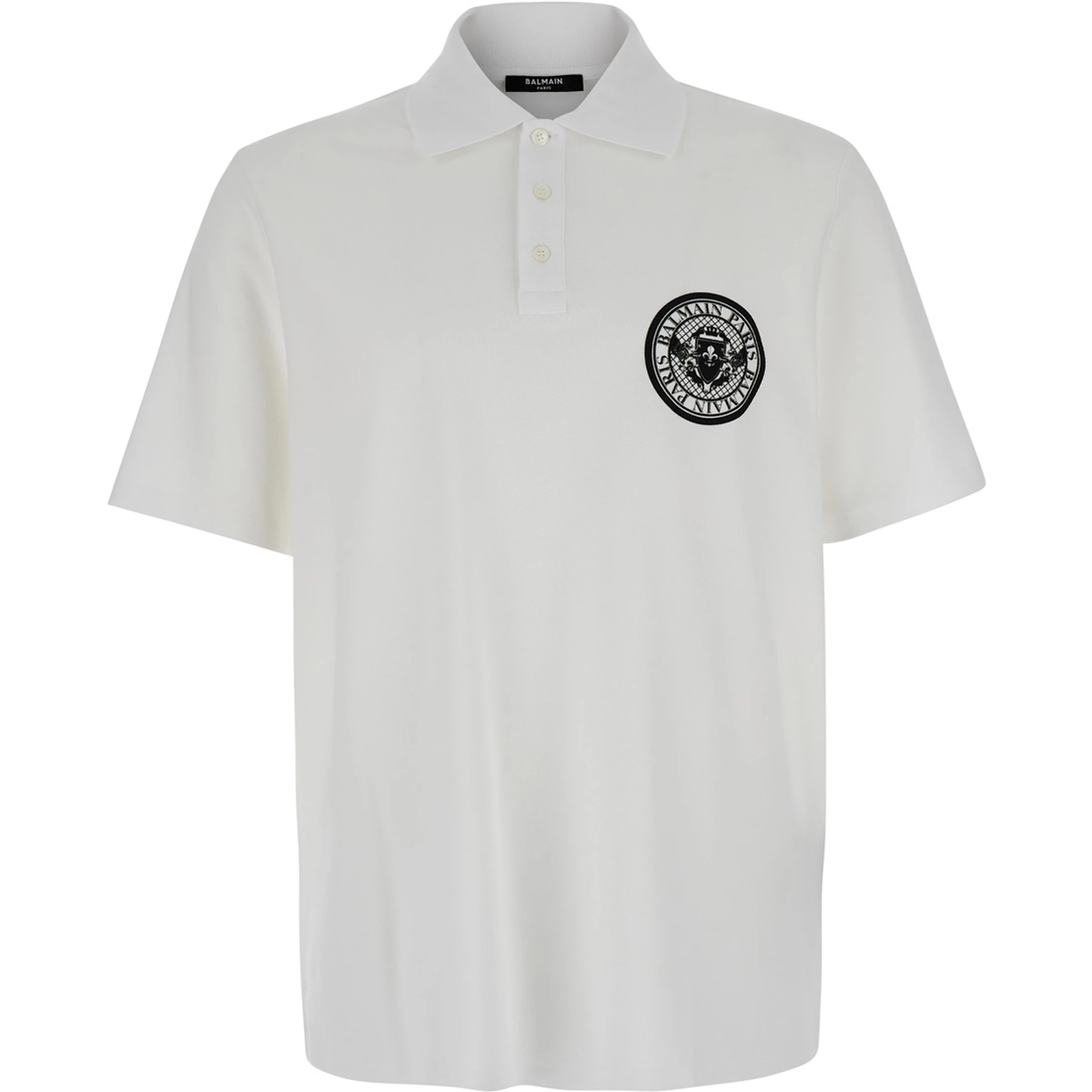 White Polo Shirt with Collar and Coin Print on the Front in Cotton Man