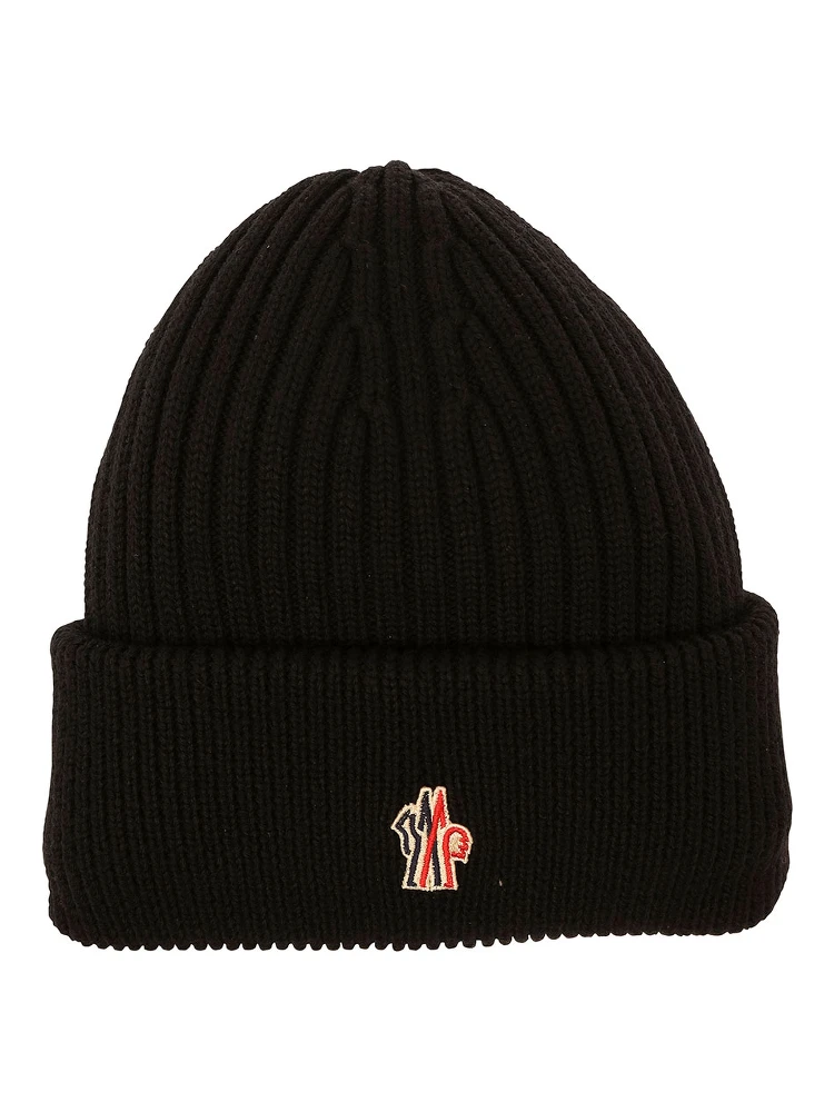 Black Ribbed Beanie with Logo Patch in Wool Man